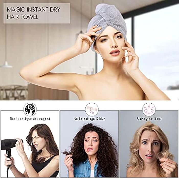 Microfiber Hair Towel, Turbans for Wet Hair, Magic Instant Dry Towel Curly Anti Frizz Wrap Women, Super Absorbent Long Thick 2 Pack, White+gray - Image 3